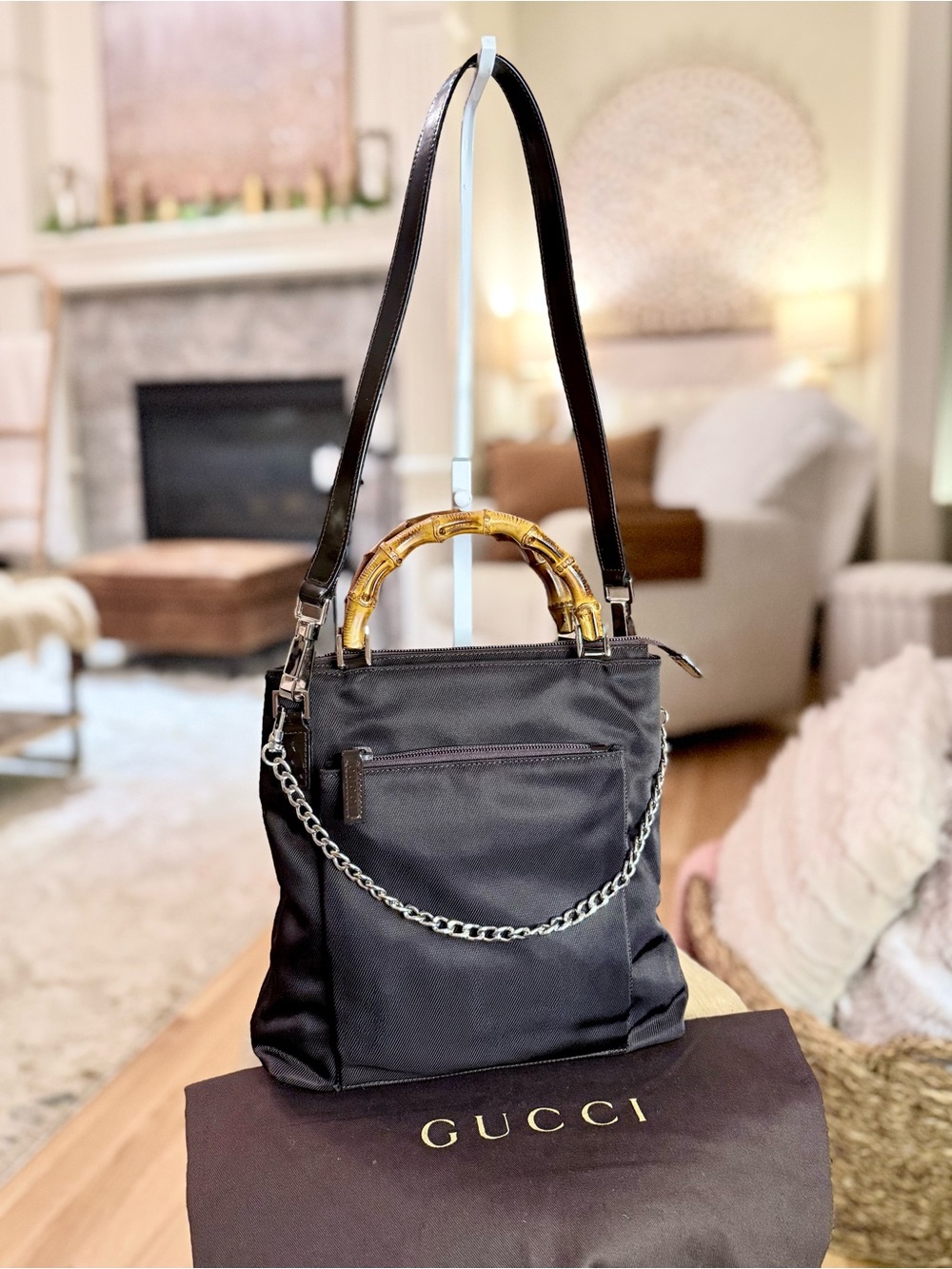 Gucci Black Nylon Tote with Bamboo Handles